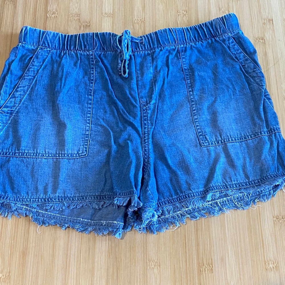For The Republic Blue Denim Drawstring Frayed Hem Shorts